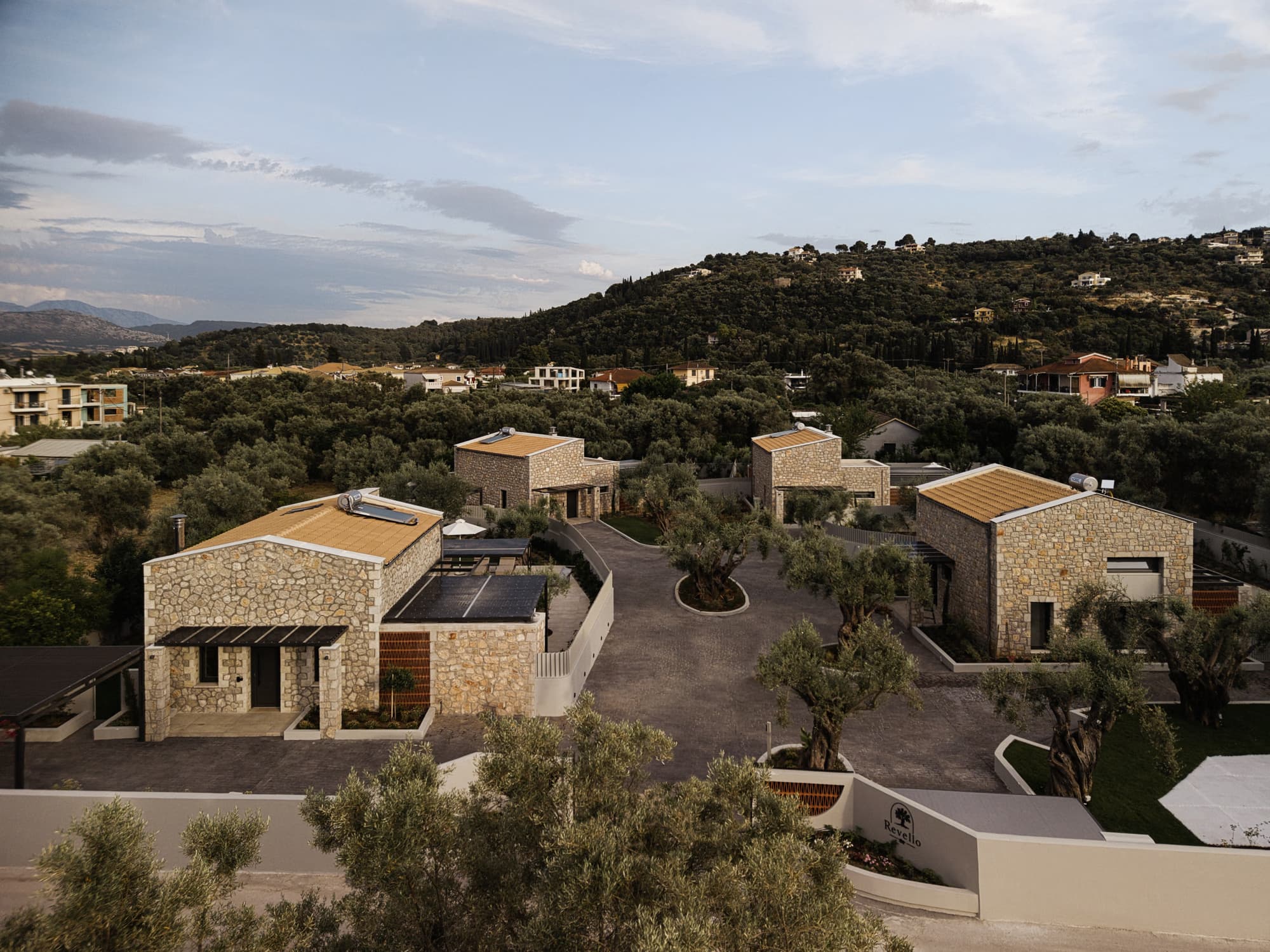 Aerial view over the Revello estate towards the Lefkada hills