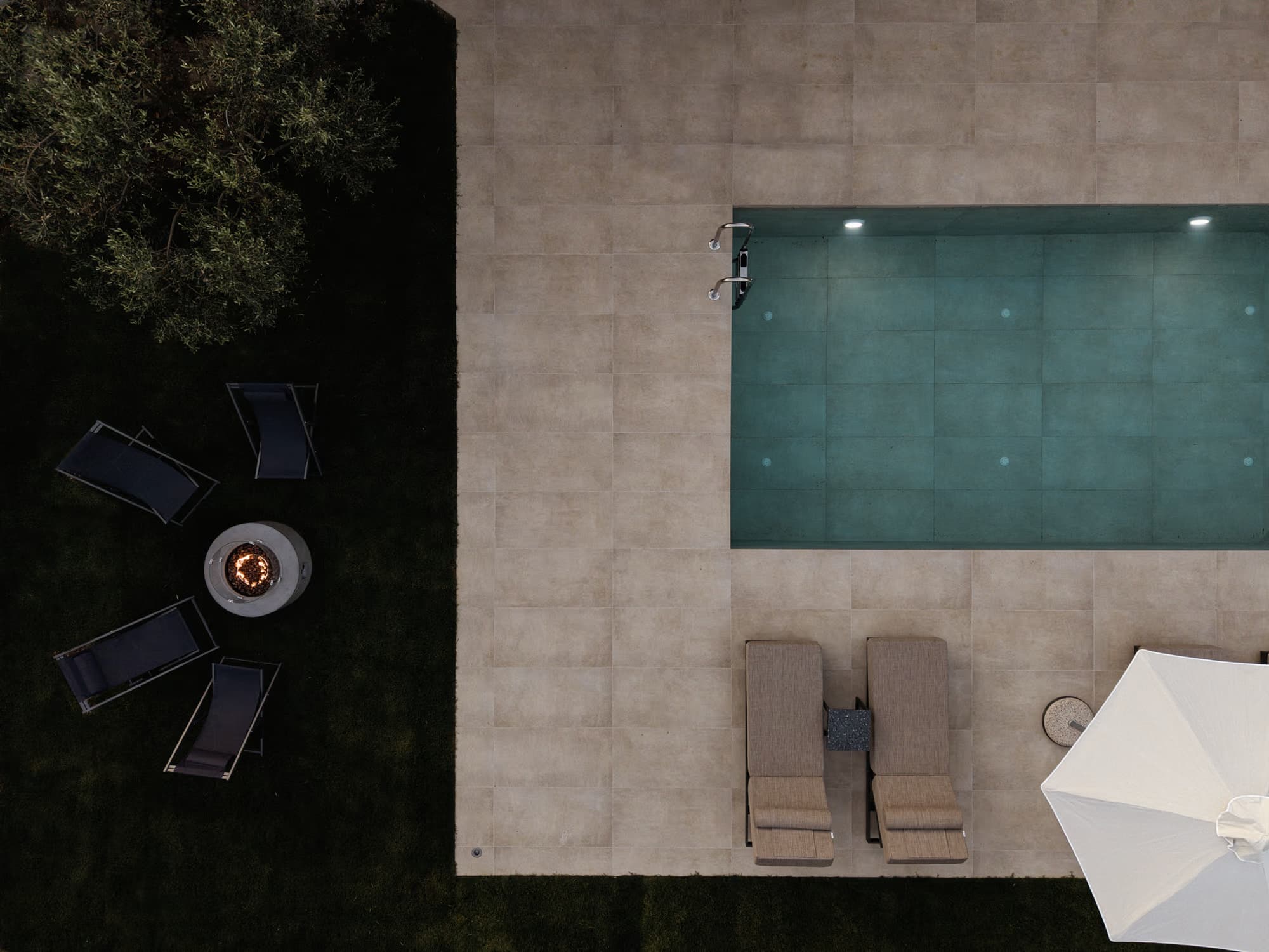 Revello Villa 2 pool, loungers, and fire bowl from above