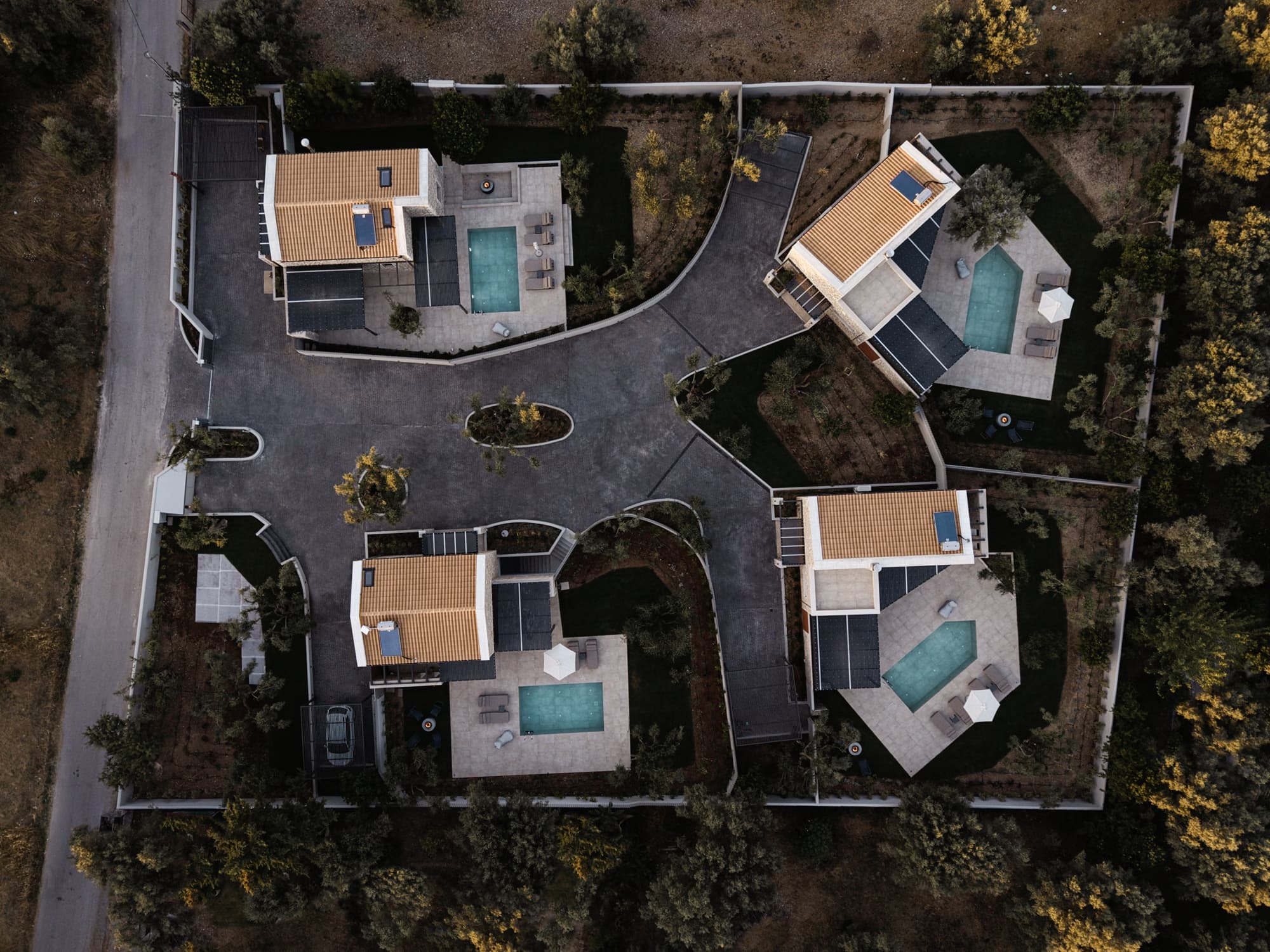 Aerial view of the four Revello villas and their private pools